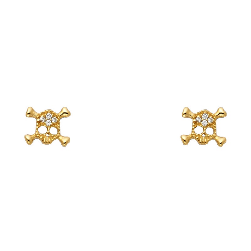 14K Gold Cz Punk Rock Skull Skeleton Stud Earrings