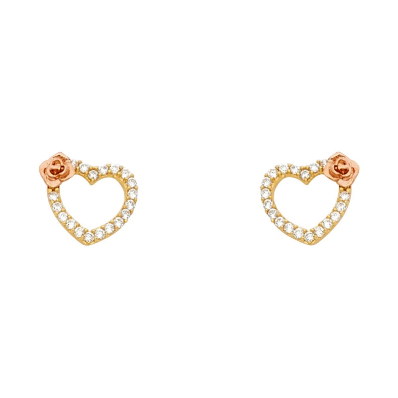 14K Gold Cz Heart With Flower Stud Earrings