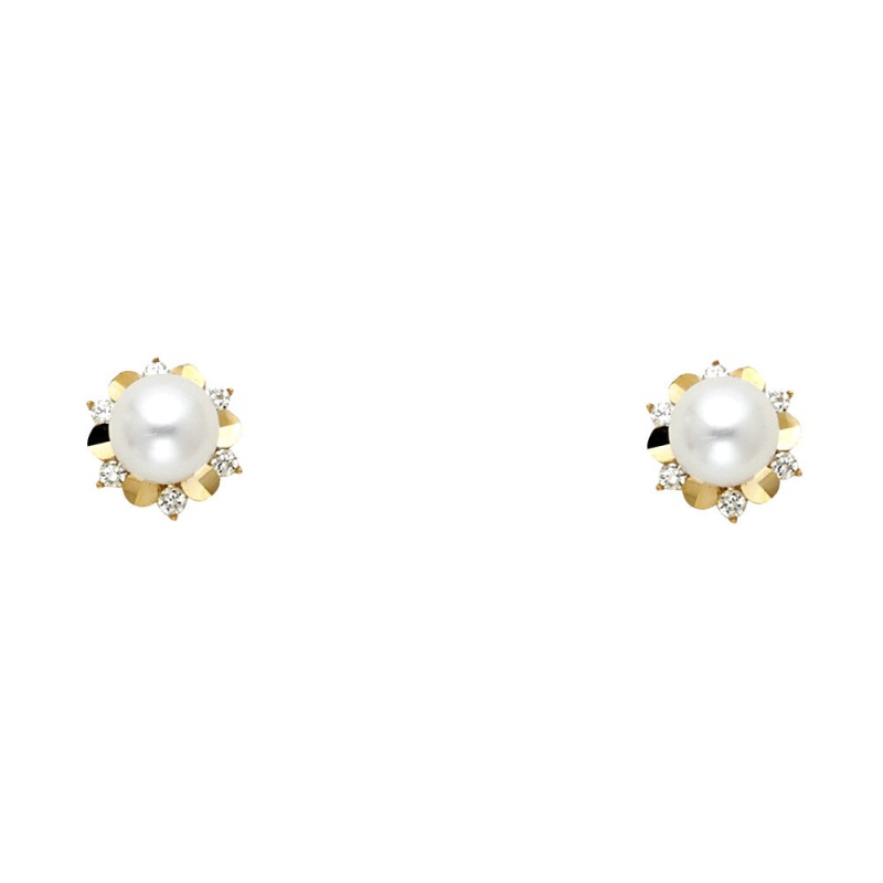 14K Gold Cz Cultured Pearl Stud Earrings