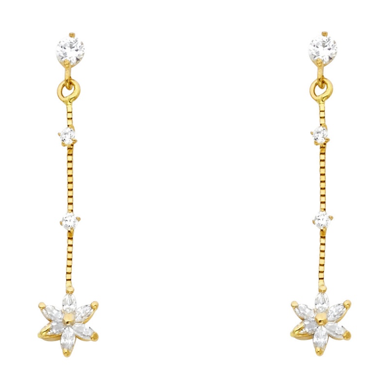14K Gold Cz Flower Dangle Drop Stud Earrings