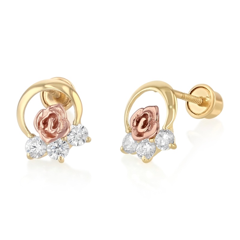 14K Gold Cz Flower Stud Earrings