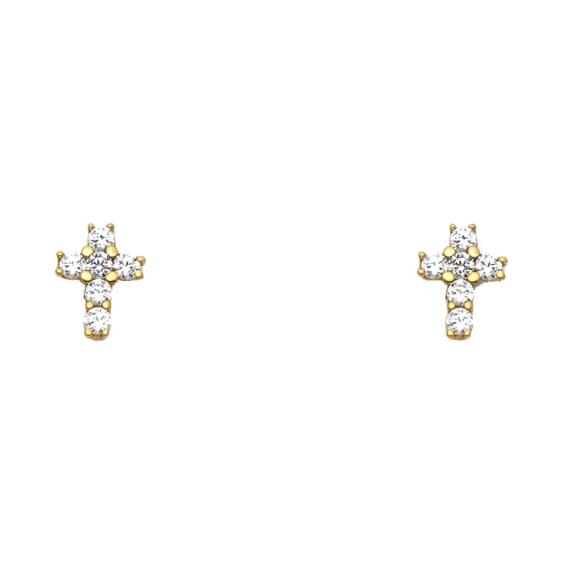 14K Gold Cz Jesus Christ Cross Stud Earrings