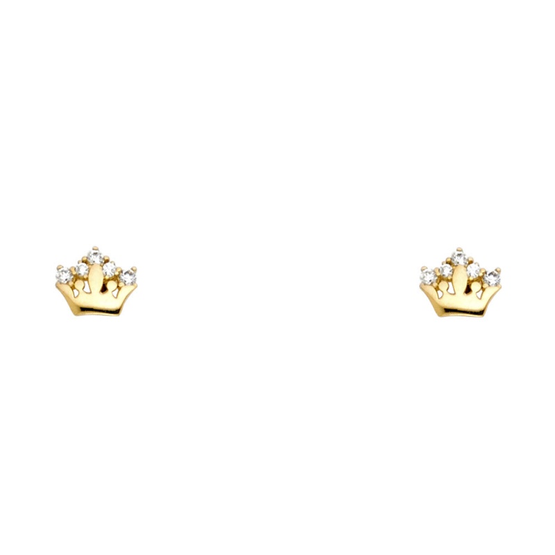 14K Gold Cz Crown Or Tiara Stud Earrings