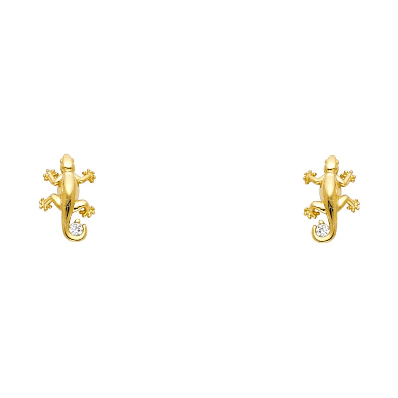 14K Gold Cz Crawling Lizard Stud Earrings