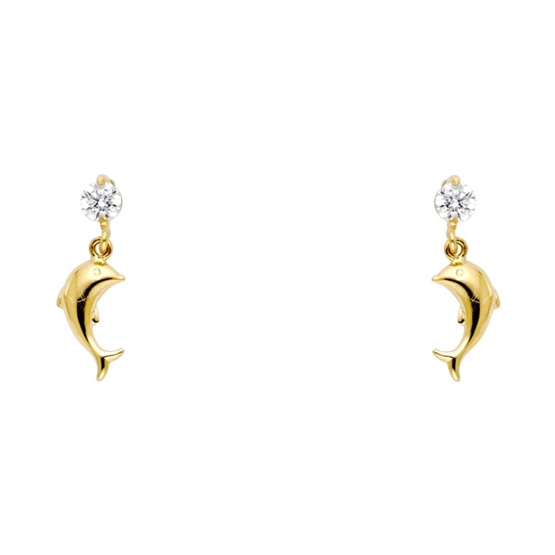 14K Gold Cz Dolphin Dangle Drop Stud Earrings