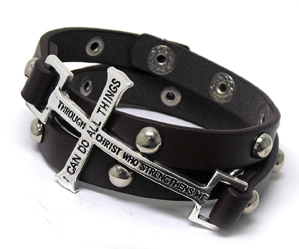 Epoxy On Bible Phrase Inside Metal Cross And Metal Balls On Leather Band Button Wrap Bracelet