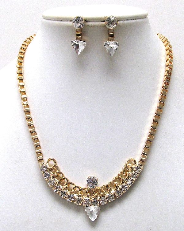 Crystal Line And Chain Pattern With Triangle Crystal Glass On Center Drop Chain Box Necklace Earring Set