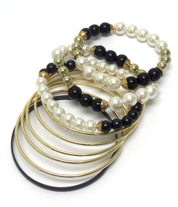Pearl Stretch And Metal Bangle Set