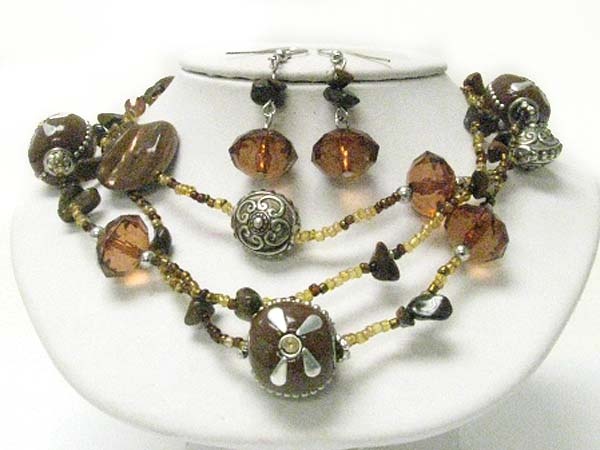 Mixed Beads And Stone Braided Necklace Earring Set