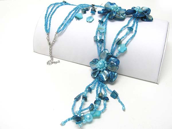 Shell And Seed Beads Flower Y Drop Long Necklace Earring Set