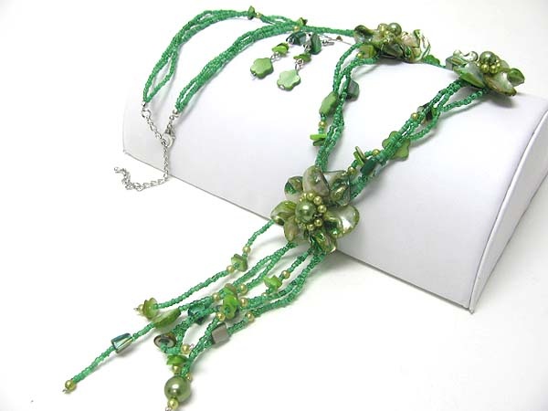 Shell And Seed Beads Flower Y Drop Long Necklace Earring Set