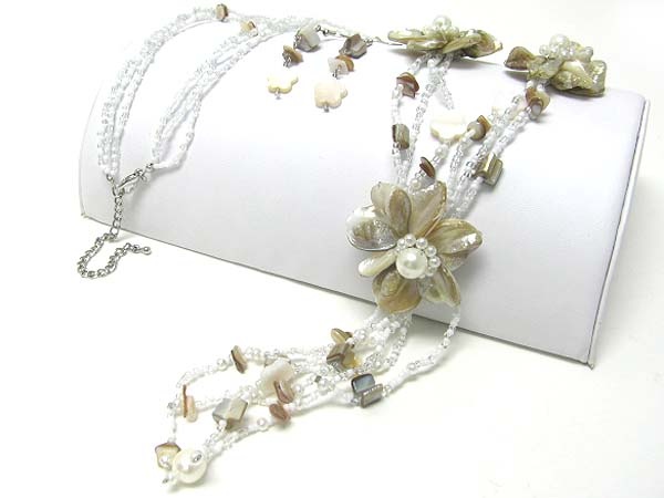 Shell And Seed Beads Flower Y Drop Long Necklace Earring Set