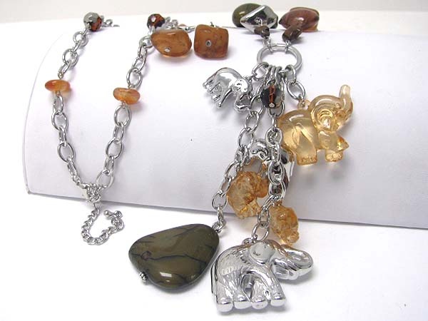 Multi Acryl And Metal Elephant Charm Dangle Long Necklace Earring Set