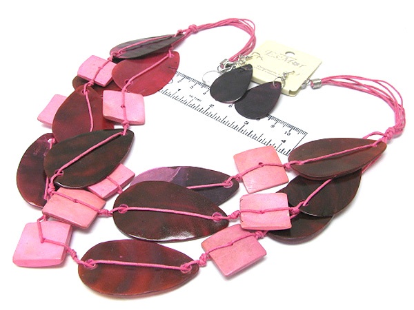 Multi Leaf Shell And Wooden Square Braided Fabric Chain Necklace Earring Set