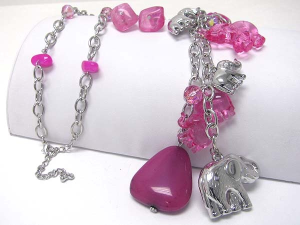 Multi-Acryl and Metal Elephant Charm Necklace and Earring Set
