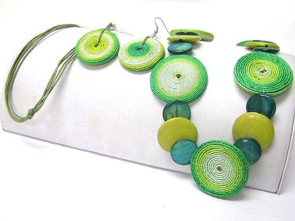 Shell And Crocheted Disk Link Necklace Earring Set