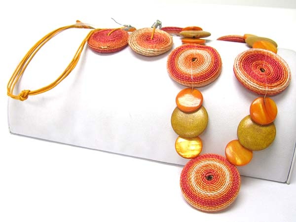 Shell And Crocheted Disk Link Necklace Earring Set