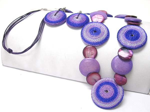 Shell And Crocheted Disk Link Necklace Earring Set