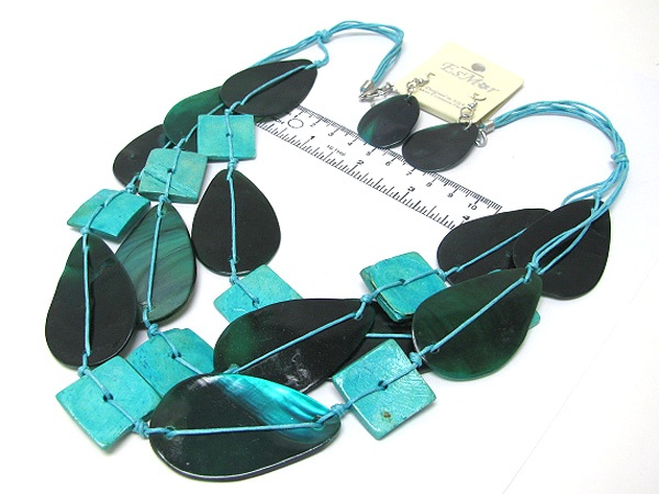 Multi Leaf Shell And Wooden Square Braided Fabric Chain Necklace Earring Set