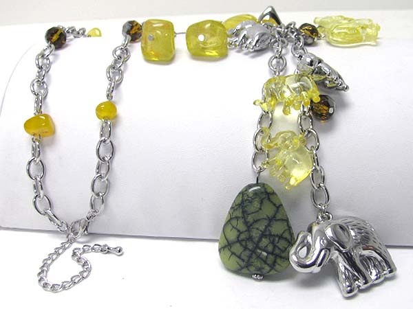 Multi Acryl And Metal Elephant Charm Dangle Long Necklace Earring Set
