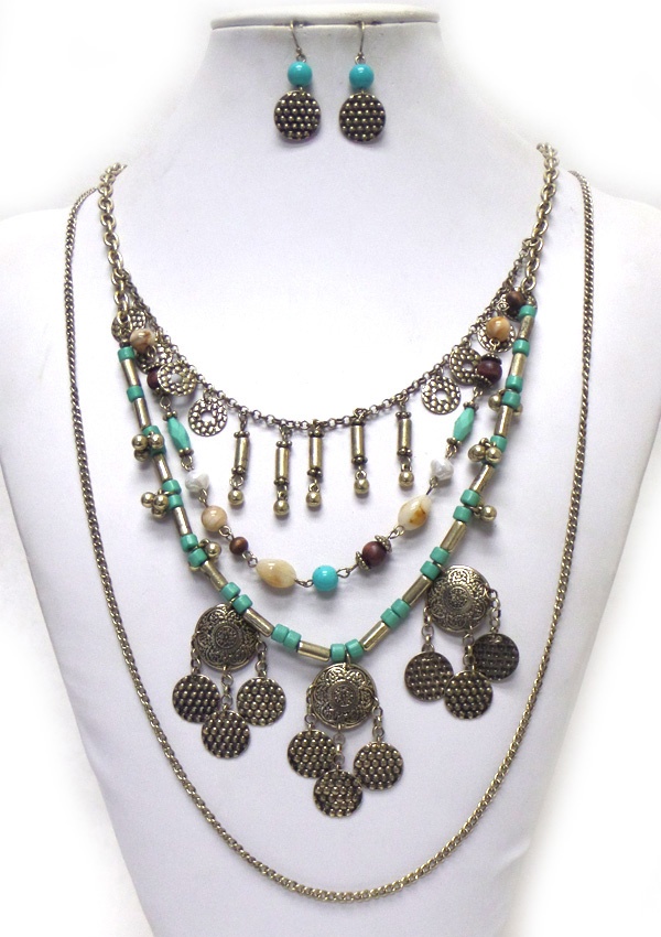 Bohemian Style Multi Layer Chain And Disk Drop Necklace Set