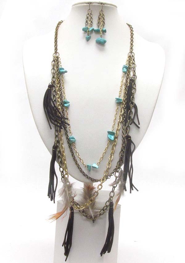 Chip Stone Feather And Suede Drop Long Chain Necklace Earring Set
