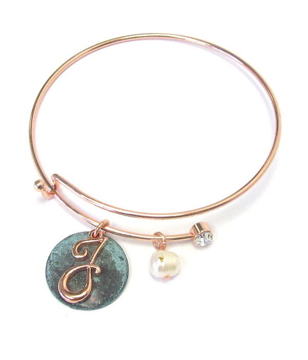 Patina Disk And Monogram Wire Bangle Bracelet - f
