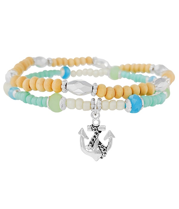 Sealife Theme Charm Multi Seedbead Double Layer Stretch Bracelet - Anchor