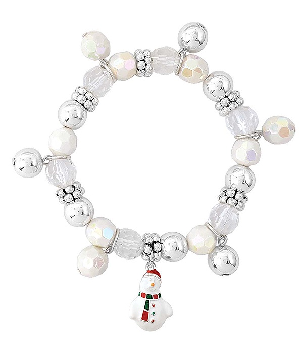 Christmas Theme Epoxy Charm And Multi Bead Stretch Bracelet - Snowman