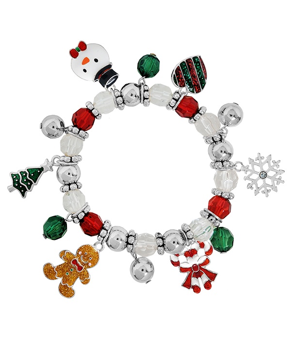 Christmas Theme Multi Charm Stretch Bracelet - Snowman Ginger Bread