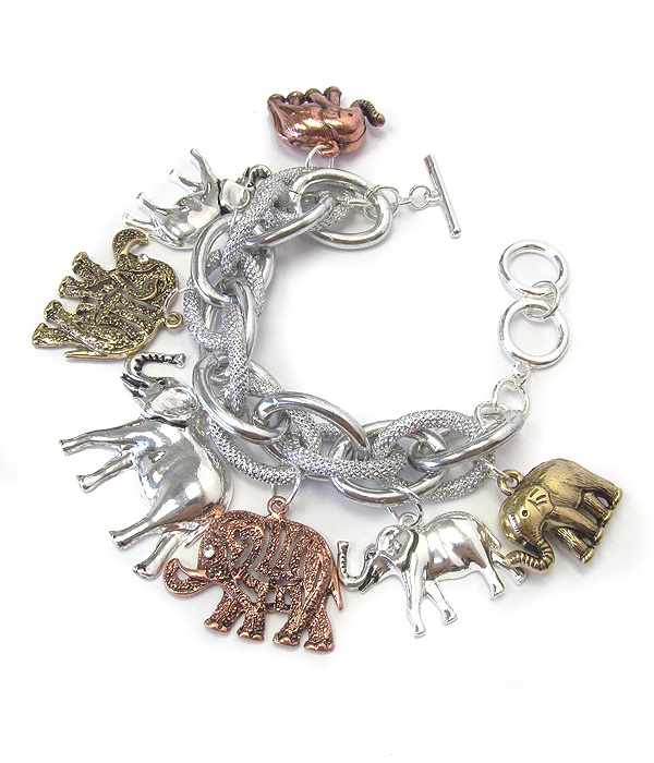 Multi Elephant Charm Chunky Toggle Bracelet