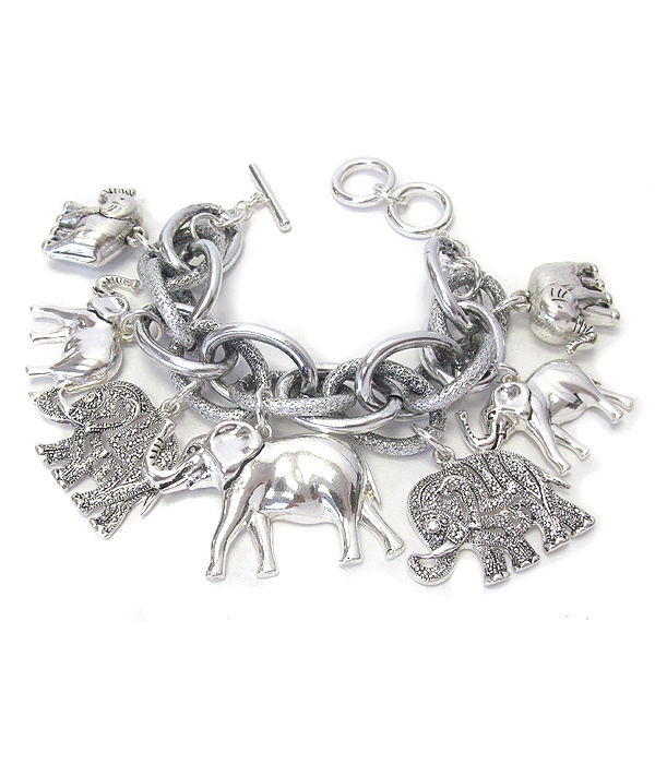 Multi Elephant Charm Chunky Toggle Bracelet
