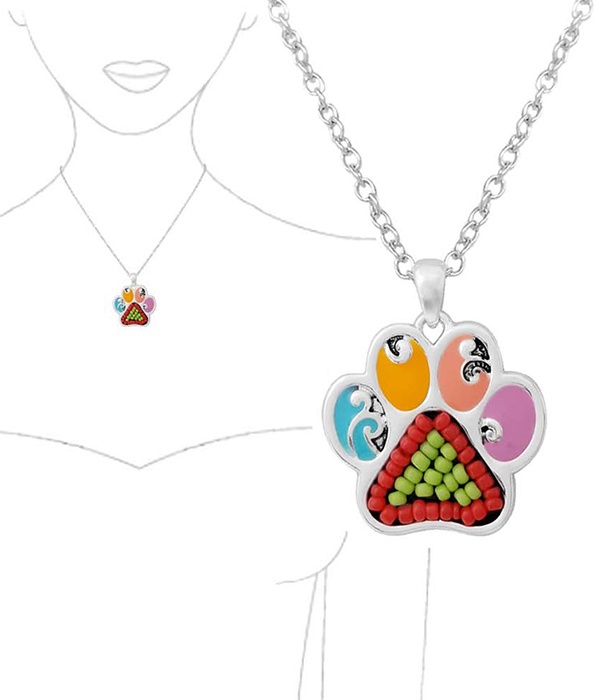 Pet Lovers Theme Multi Seedbead And Epoxy Paw Pendant Necklace