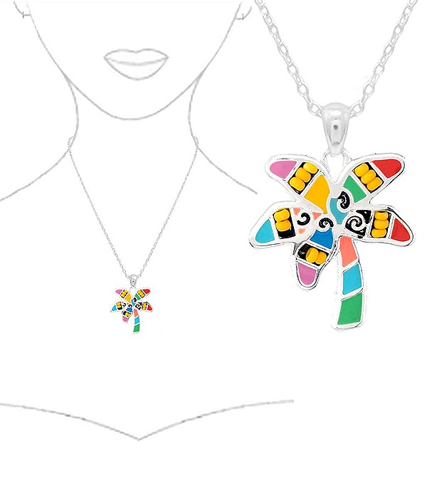 Tropical Theme Seedbead And Epoxy Pendant Necklace - Palm Tree