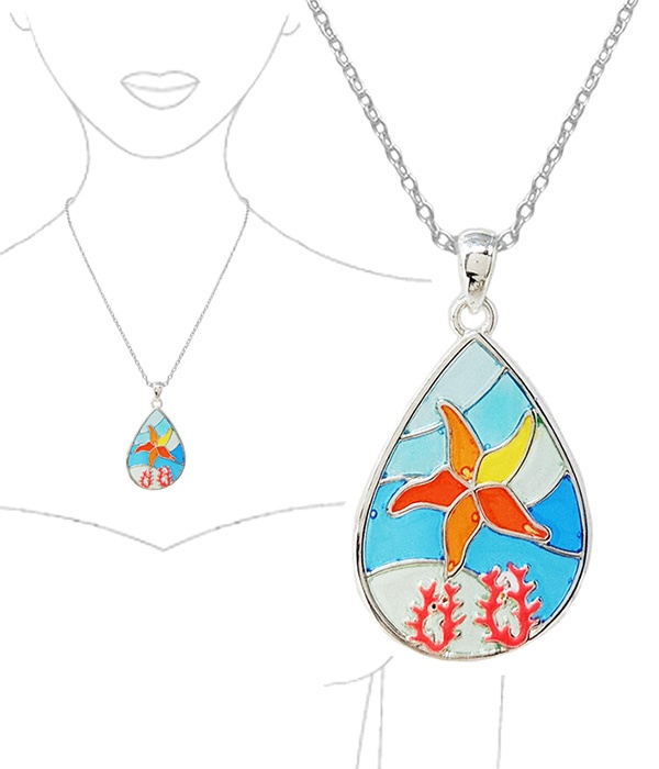 Sealife Theme Stained Glass Window Inspired Mosaic Pendant Necklace - Starfish