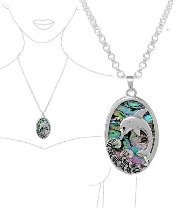Sealife Theme Abalone Oval Pendant Necklace - Dolphin