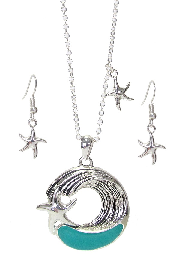 Sea Glass Sealife Theme Pendant Necklace Set - Starfish And Wave