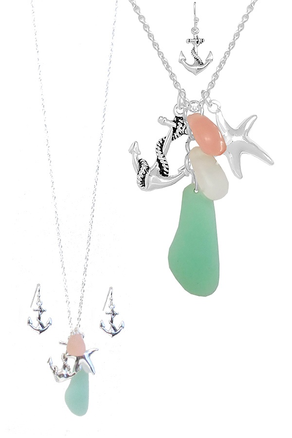 Sealife Theme Multi Seaglass Charm Pendant Necklace Set - Anchor Sea Glass