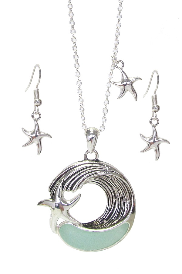 Sea Glass Sealife Theme Pendant Necklace Set - Starfish And Wave