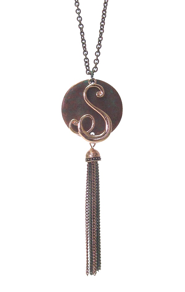 Monogram Patina Pendant And Tassel Drop Long Necklace - s