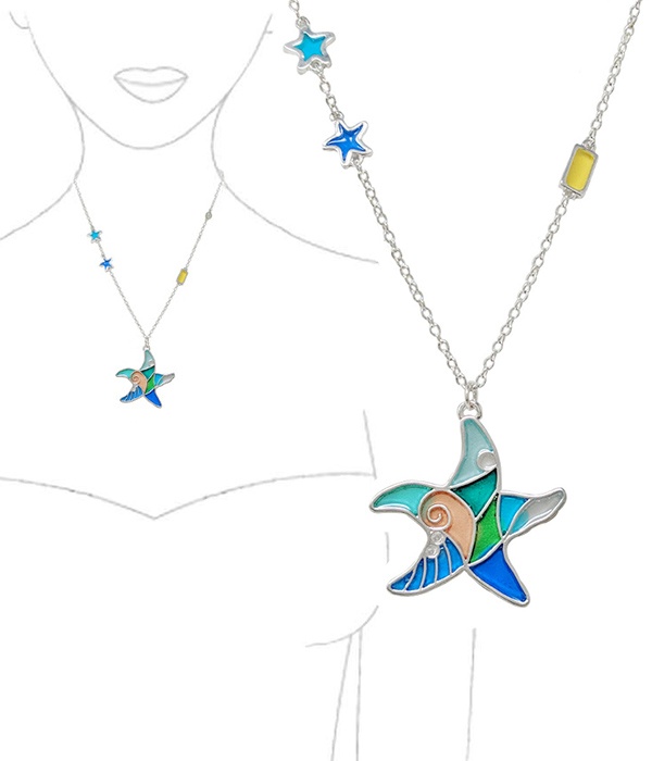 Sealife Theme Stained Glass Window Inspired Mosaic Pendant Necklace - Starfish