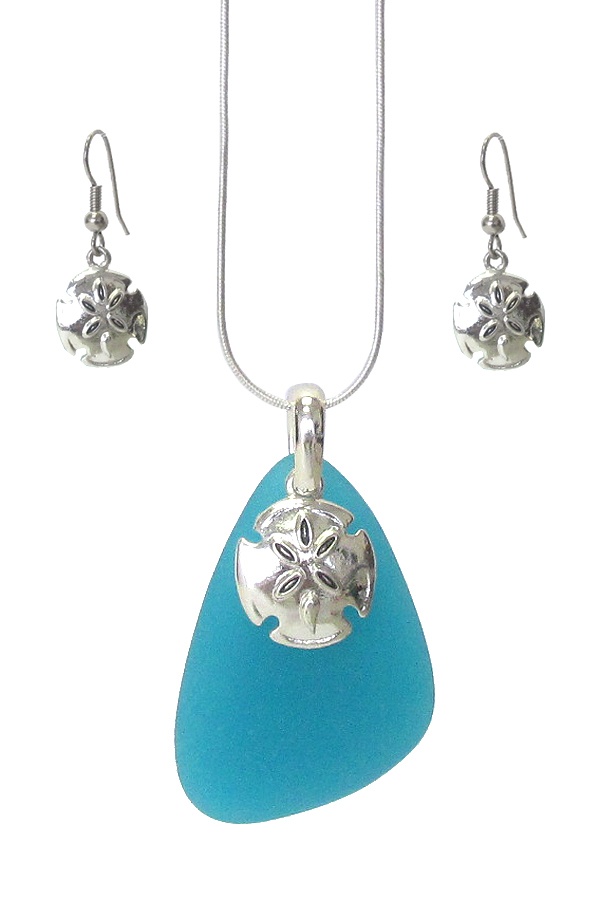 Sealife Theme Sea Glass Pendant Necklace Set - Sand Dollar