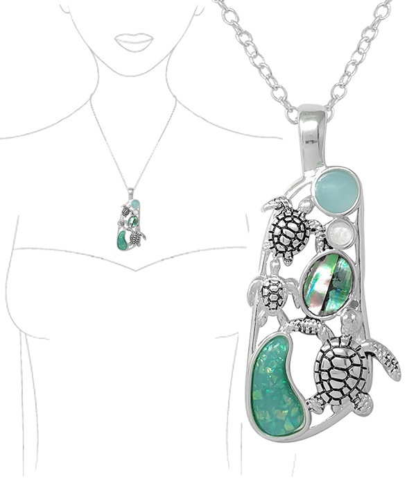 Sealife Theme Abalone Opal And Seaglass Mix Necklace - Turtle