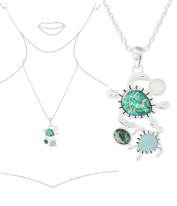 Sealife Theme Opal And Abalone Mix Pendant Necklace - Turtle