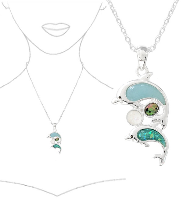 Sealife Theme Opal And Abalone Mix Pendant Necklace - Dolphin