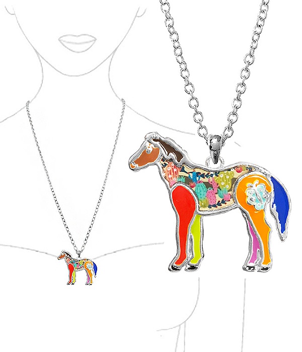 Farm Theme Paint Art Epoxy Pendant Necklace - Horse