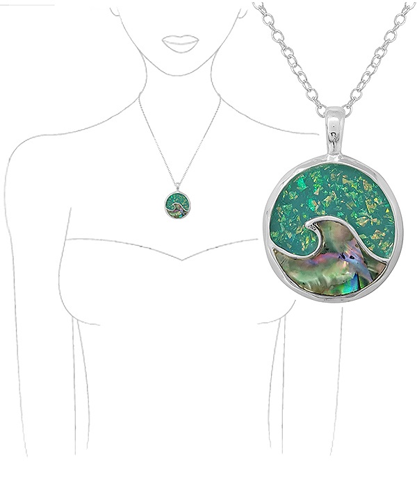 Sealife Theme Opal And Abalone Mix Pendant Necklace - Wave