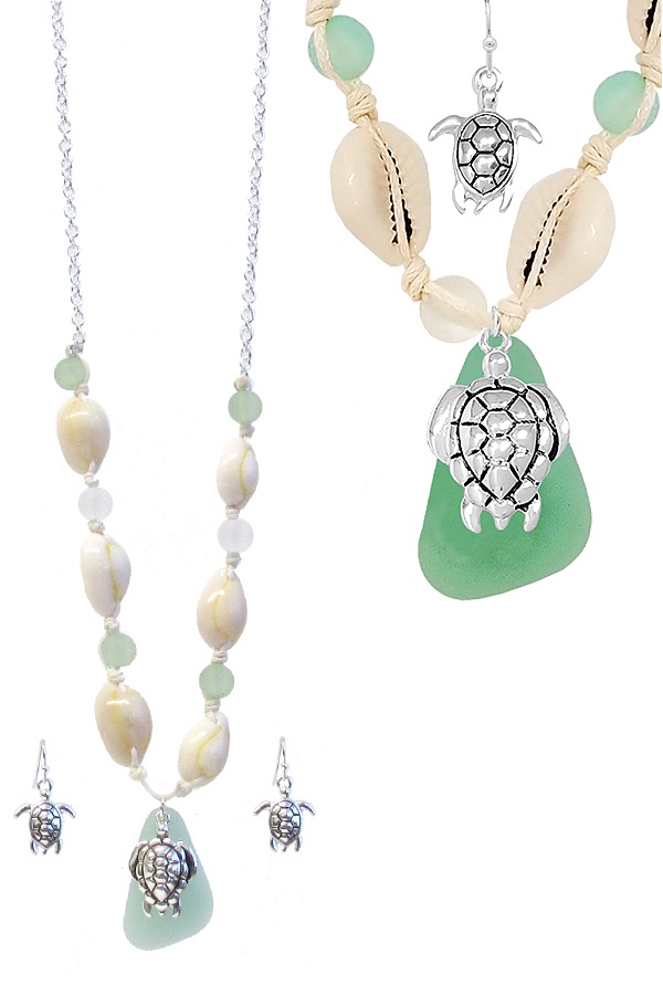 Sealife Theme Seaglass And Cowrie Shell Necklace Set - Turtle