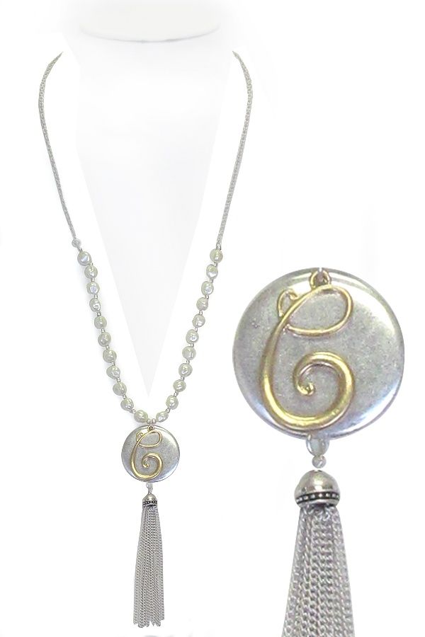 Monogram And Tassel Drop Long Pearl Necklace - c