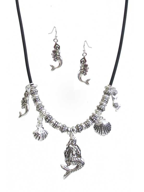 Sealife Theme Multi Charm Cord Necklace Set - Mermaid